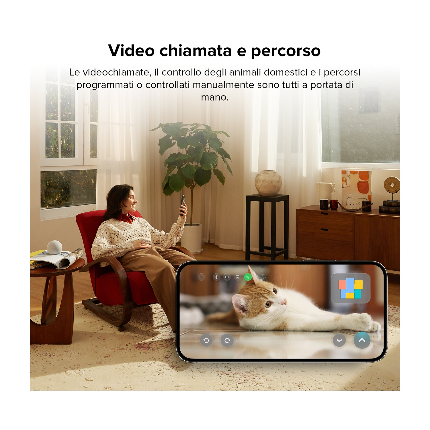 Donna in poltrona con telefono che mostra un gatto. Scena soggiorno.