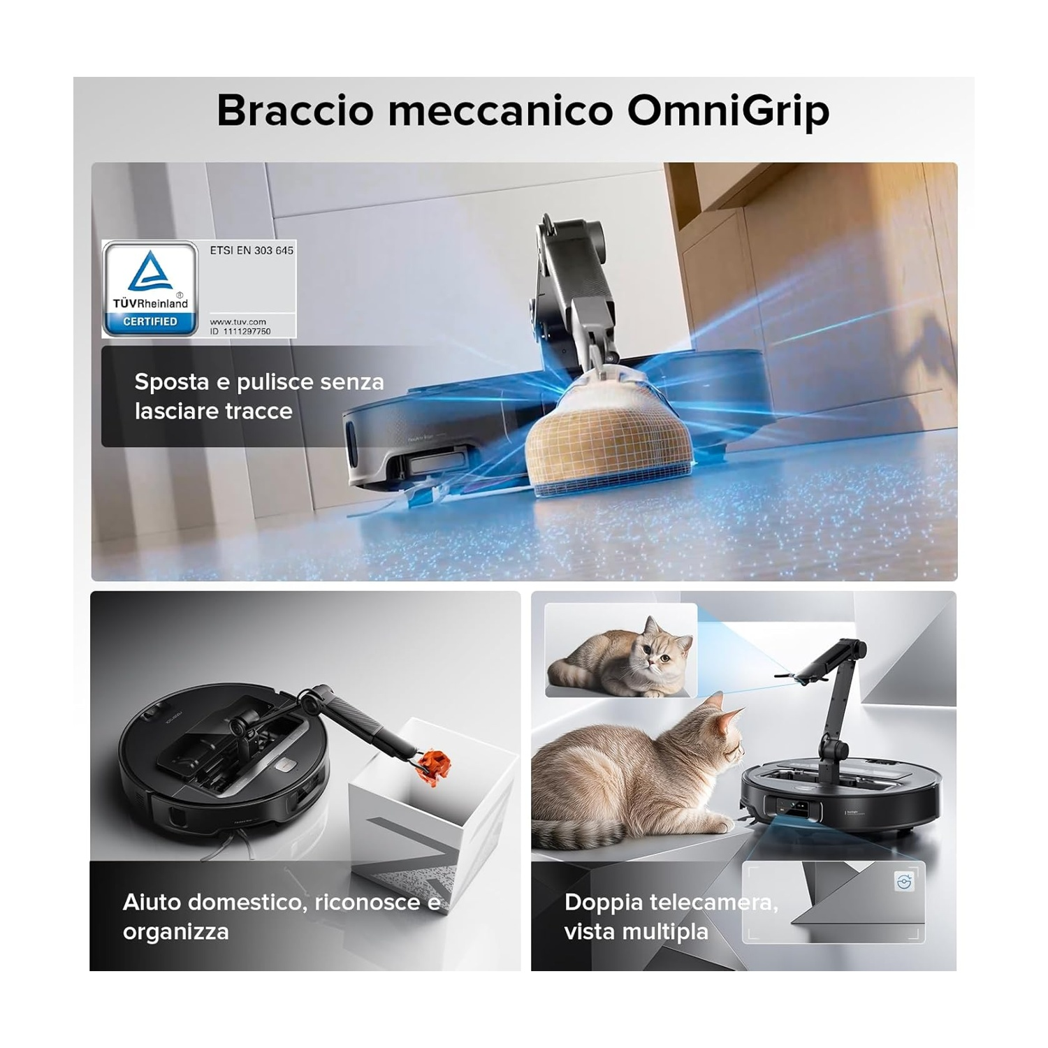 Un robot con braccio meccanico pulisce e sposta oggetti. Primi piani mostrano il robot che solleva una scatola e gatti.
