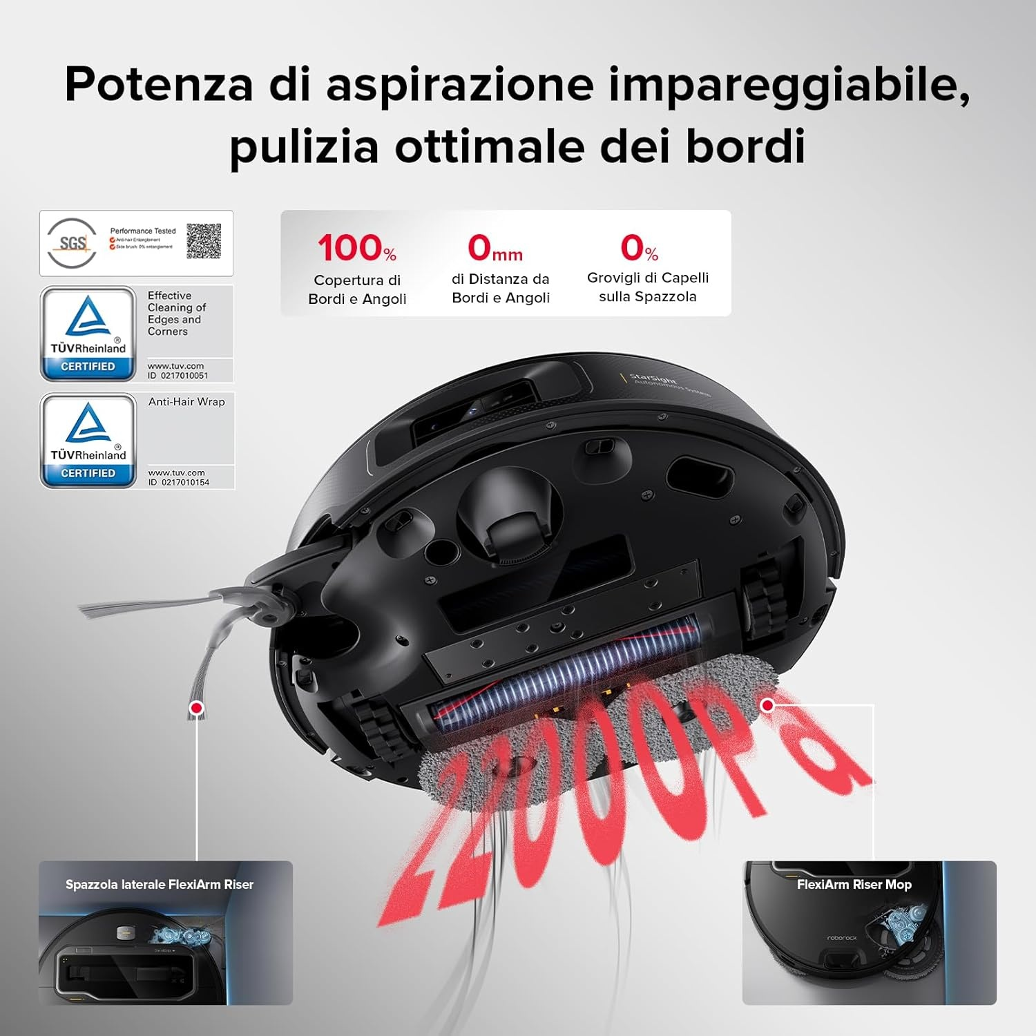 Un robot aspirapolvere con spazzola rotante e mop, che pulisce bordi e angoli.