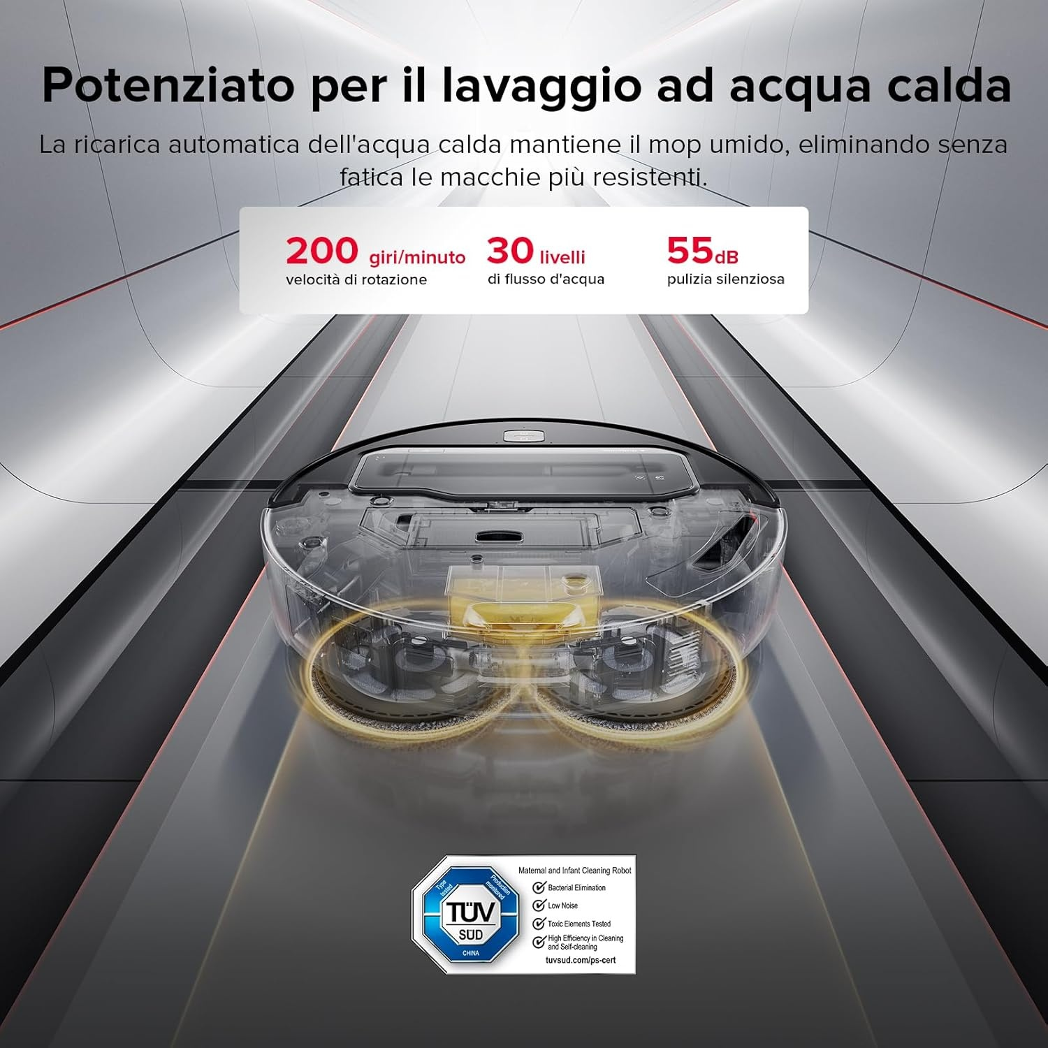 Un robot di pulizia intelligente con doppie spazzole rotanti e lavaggio ad acqua calda.
