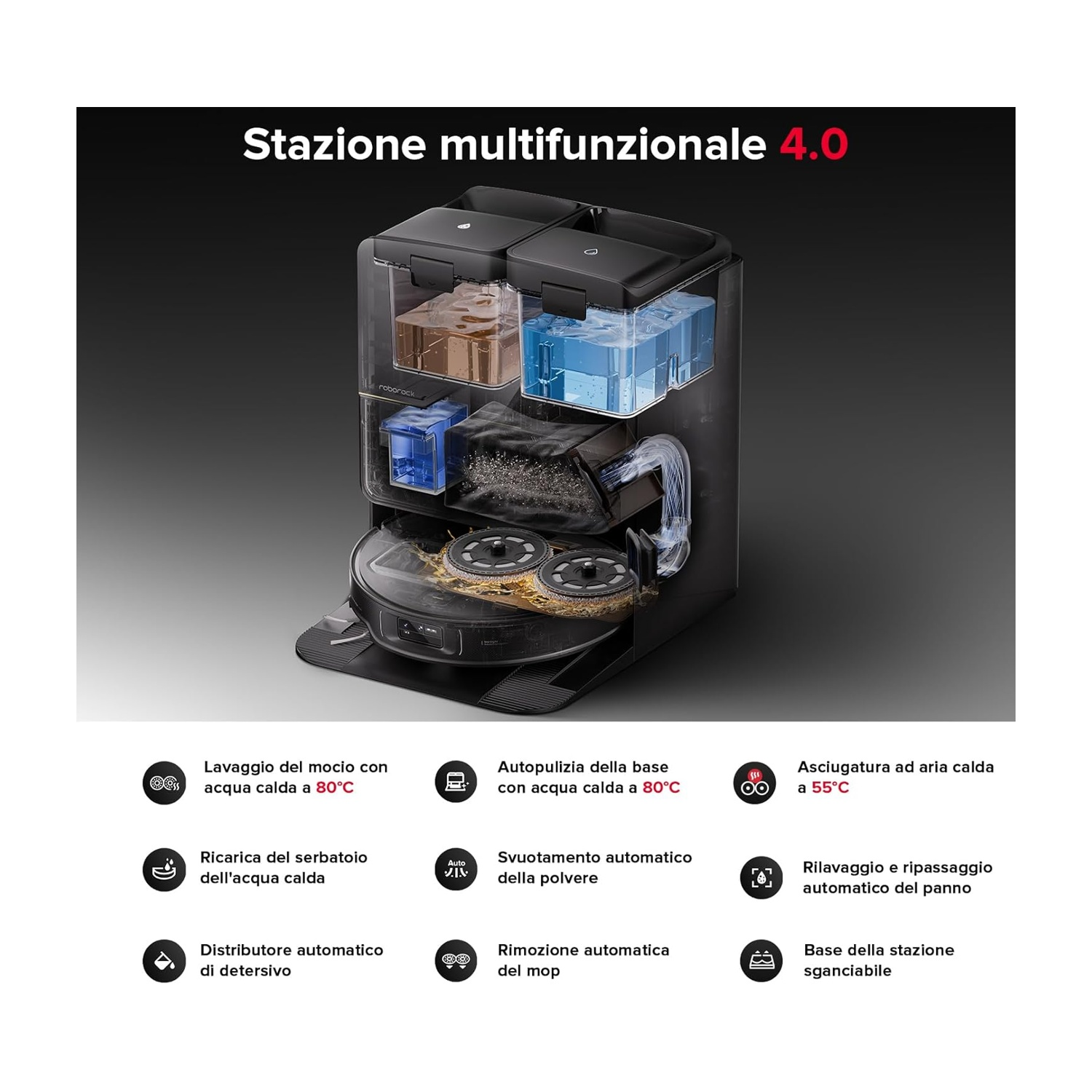Stazione multifunzionale 4.0 con robot aspirapolvere, serbatoi acqua e funzioni.