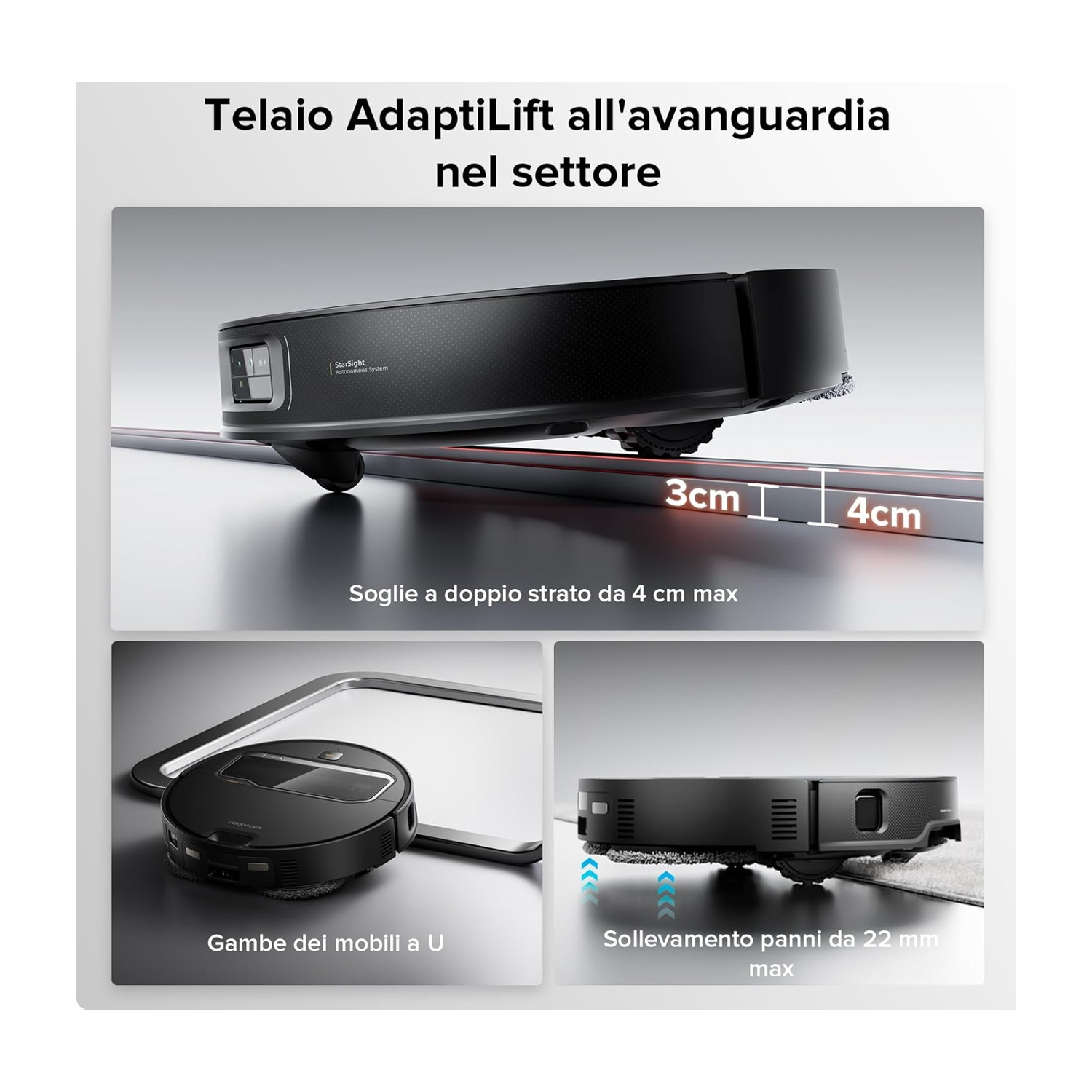 Robot aspirapolvere nero con sistema StarSight supera soglie 3-4 cm.