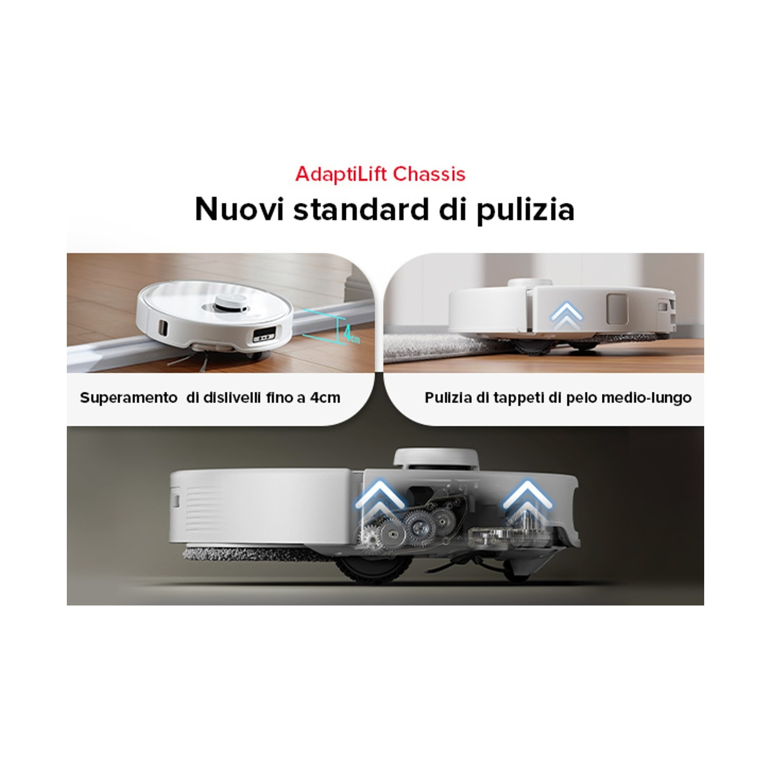 Robot aspirapolvere bianco supera ostacoli e pulisce tappeti.