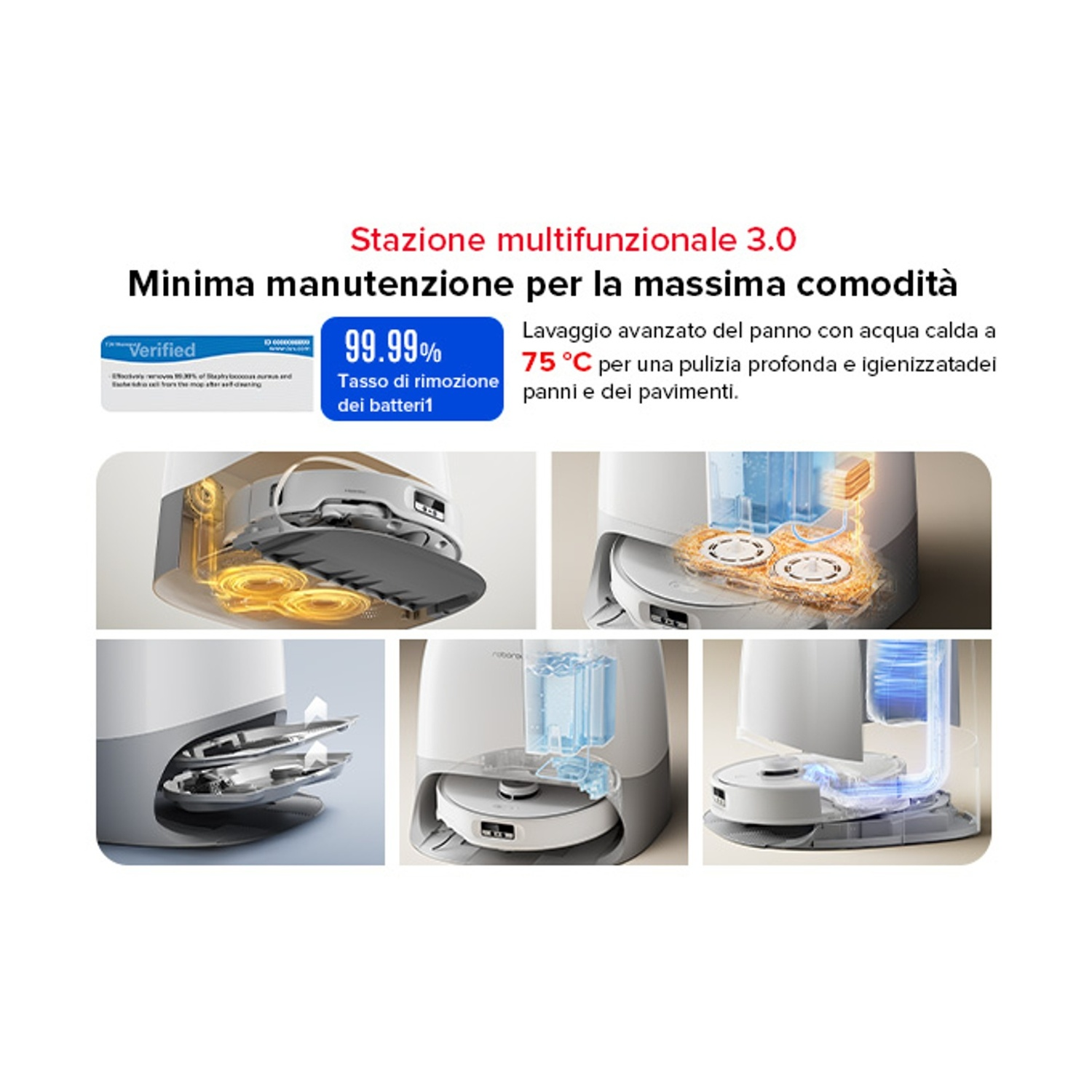 Stazione Multifunzionale 3.0: Pulitore robot con acqua calda a 75°C.