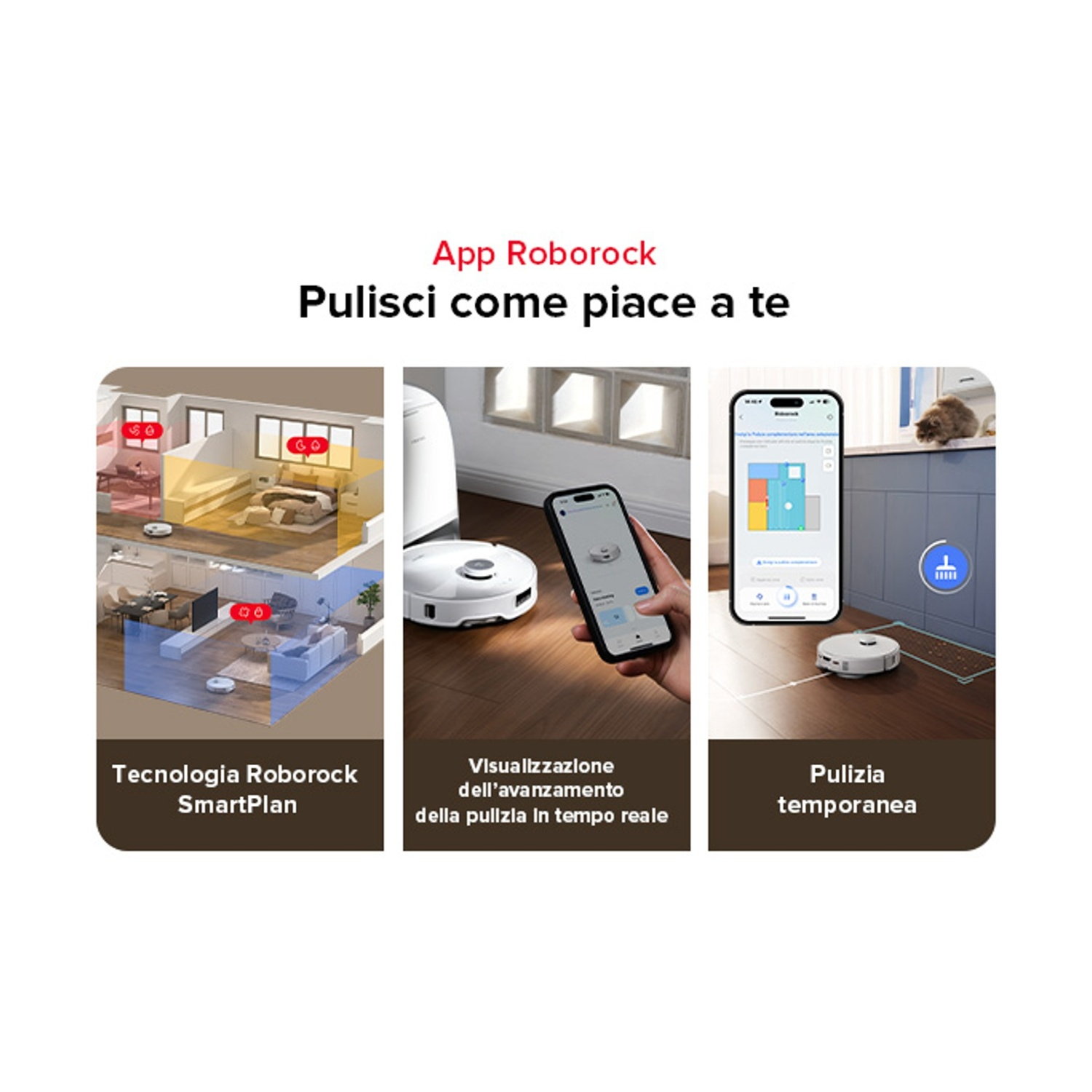 Tre immagini mostrano robot aspirapolvere Roborock in azione e controllo app.