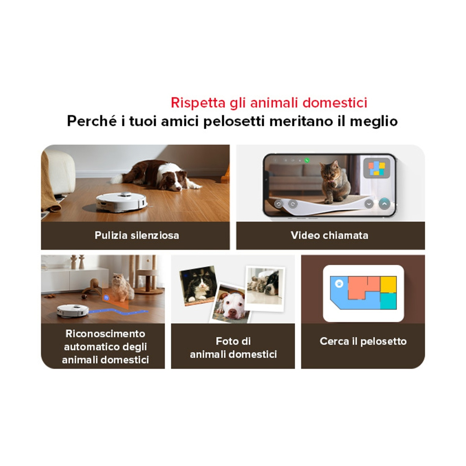 Un robot aspirapolvere pulisce mentre sono visibili cane e gatto.