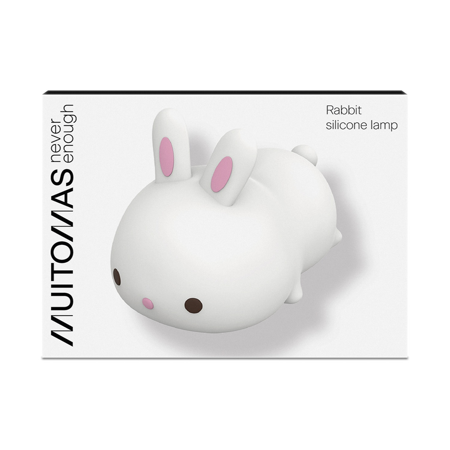 Una lampada in silicone bianca a forma di coniglio con orecchie rosa e occhi marroni.