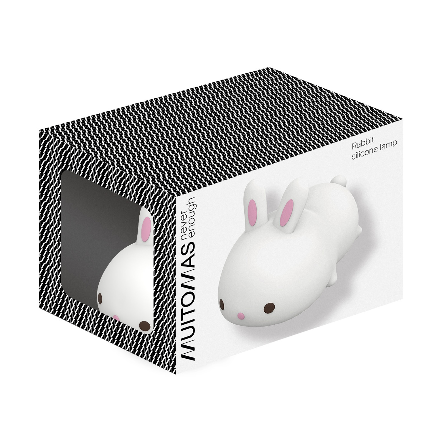 Una lampada coniglio in silicone bianco con orecchie rosa sulla confezione.