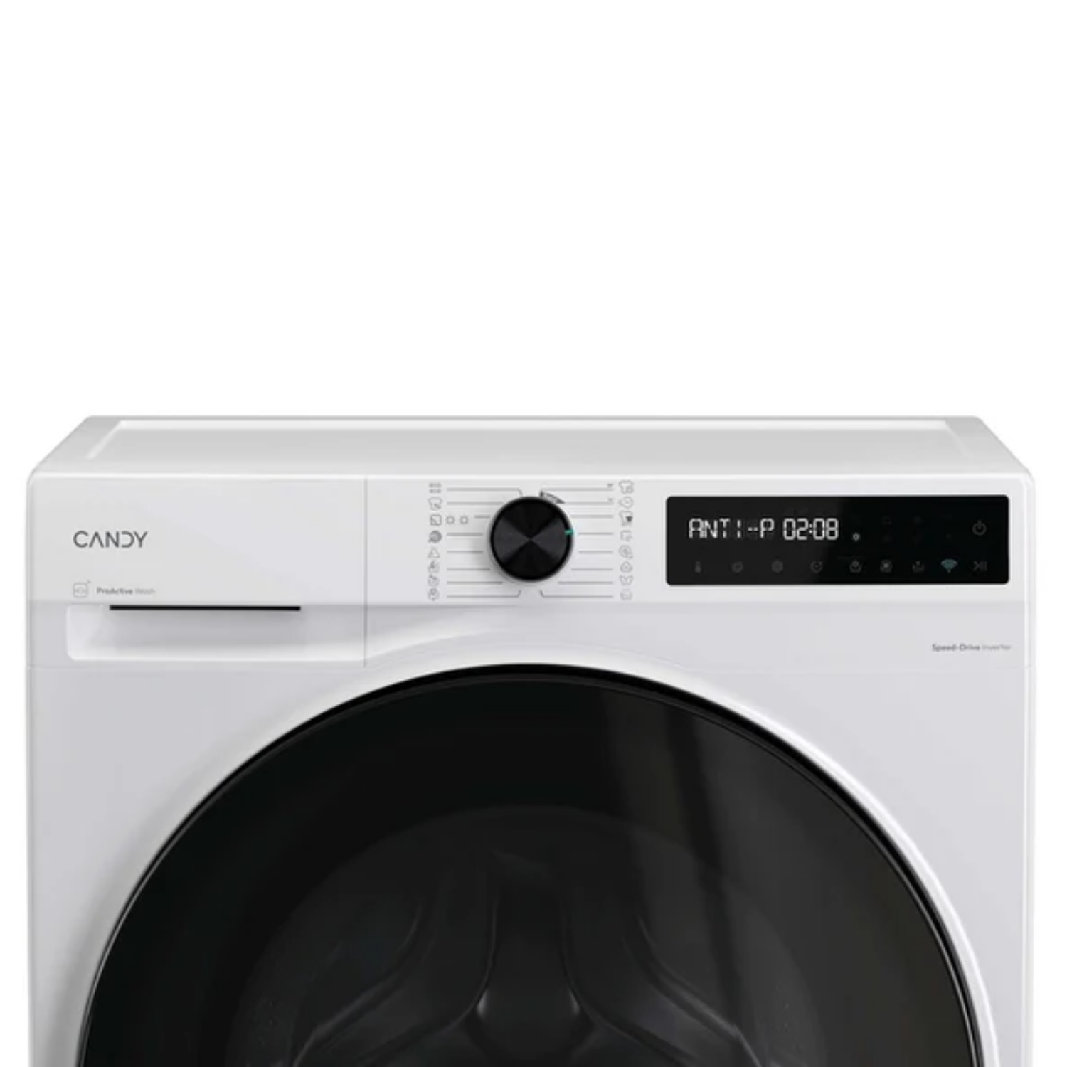 Vista frontal de una lavadora blanca con puerta y panel de control negros.
