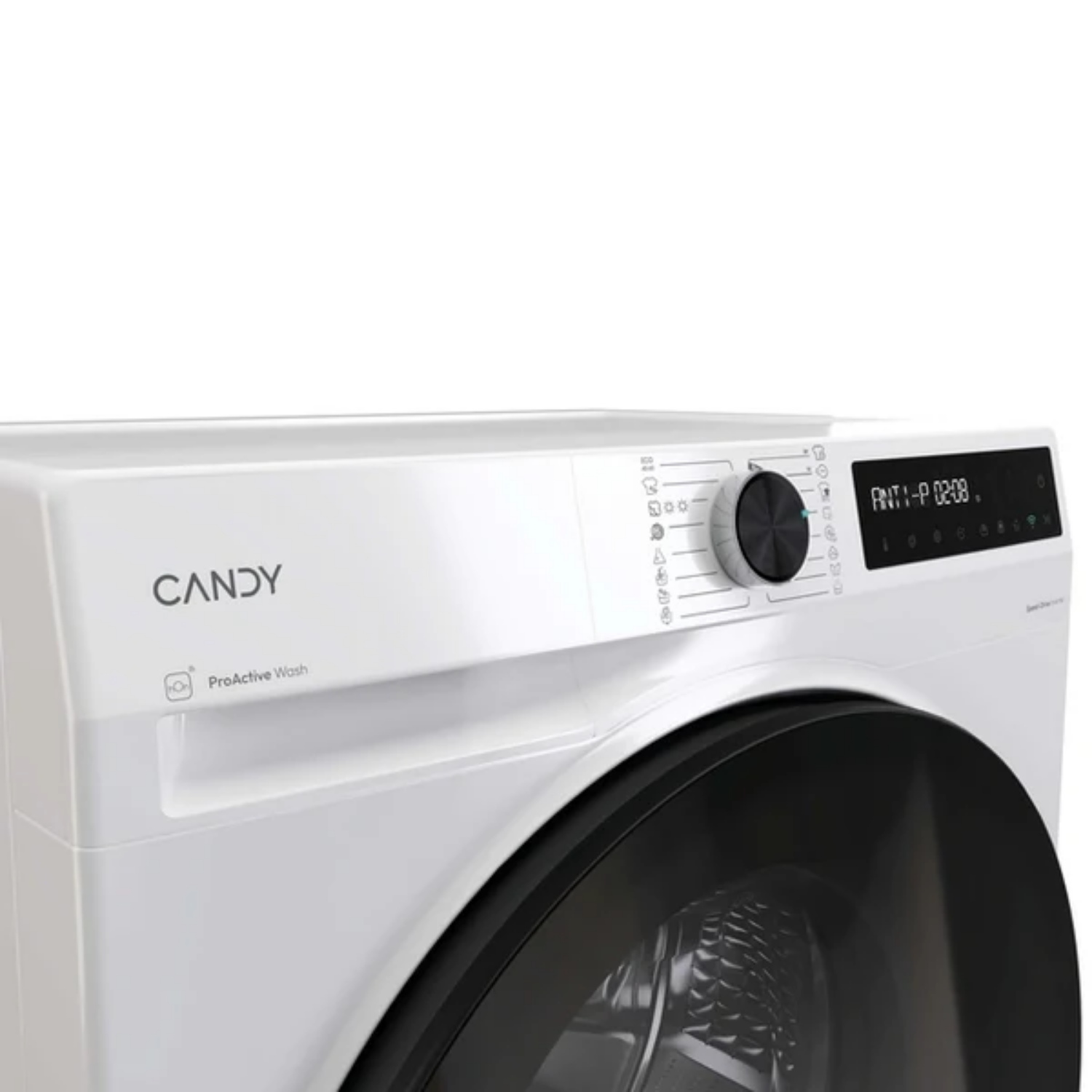 Una lavadora Candy blanca con puerta y panel de control negros.