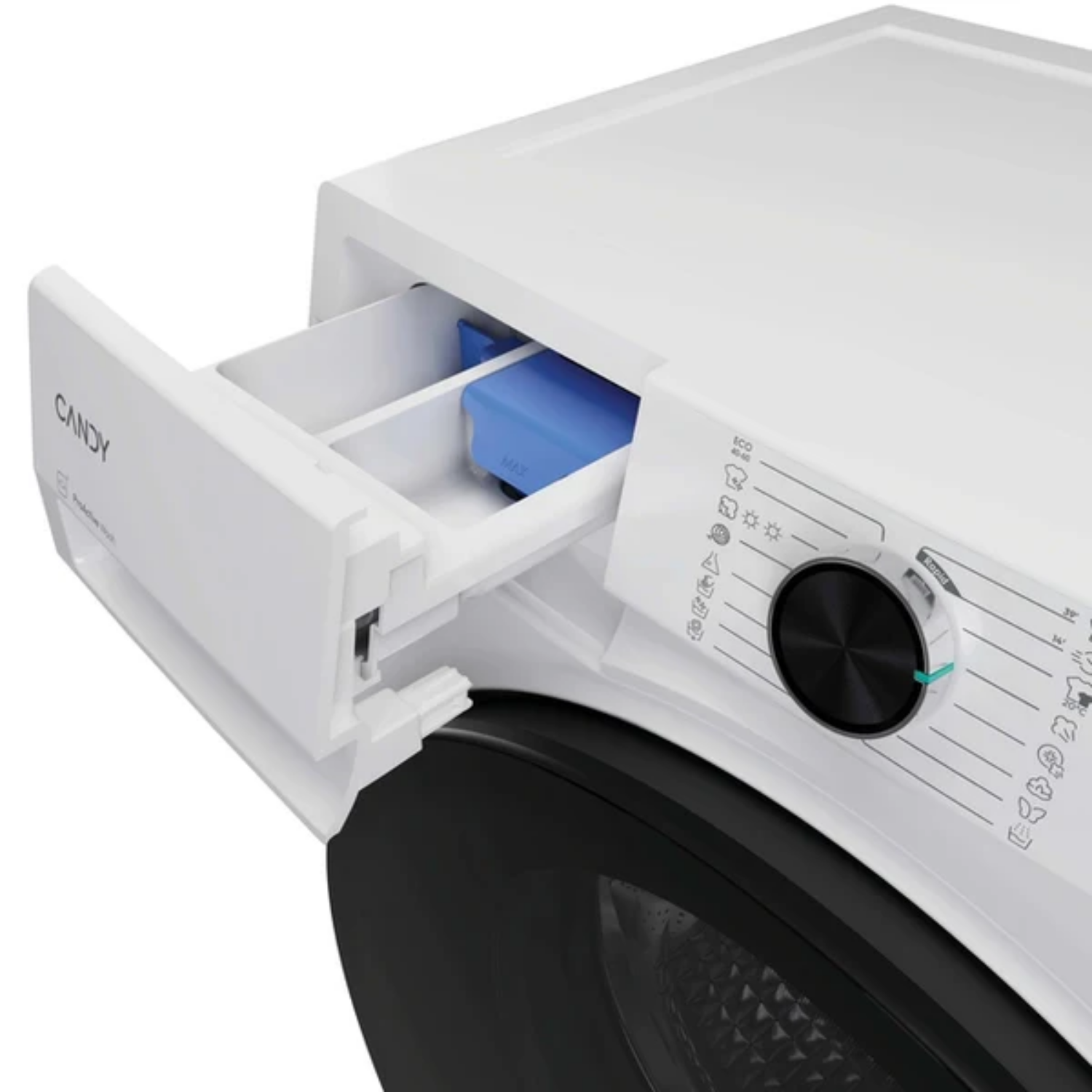 Lavadora Candy blanca con cajón de detergente extraído, mostrando compartimento azul.