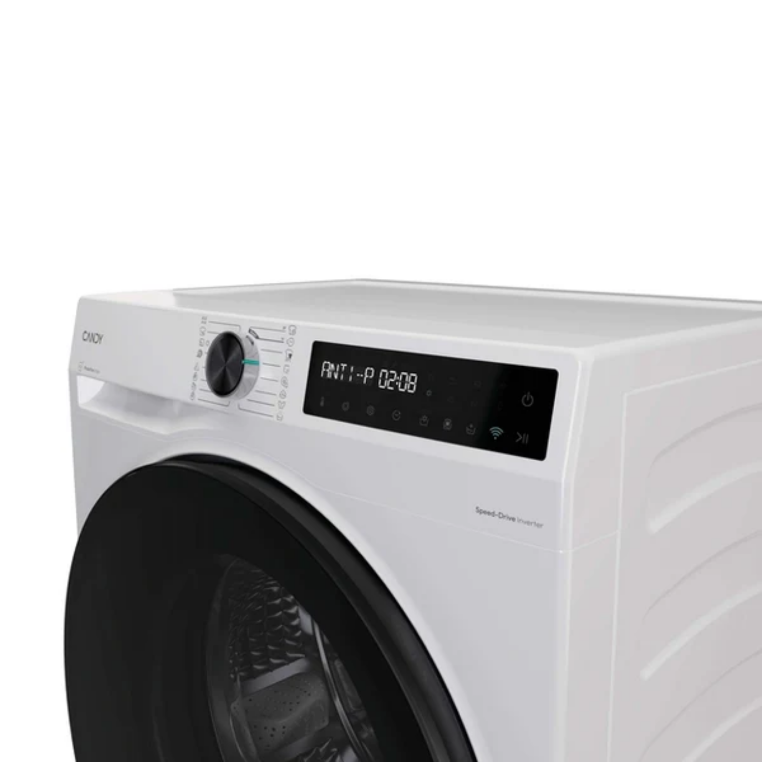 Primer plano de una lavadora blanca con puerta negra y pantalla digital.