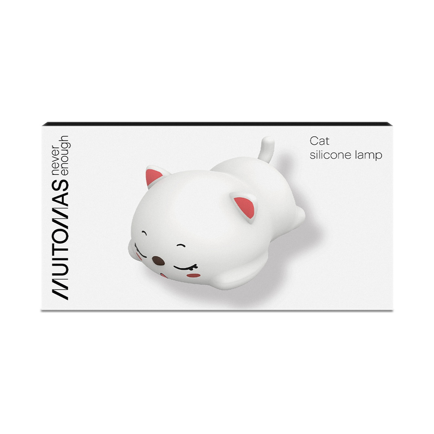 Una lampada in silicone a forma di gatto bianca su confezione con testo.