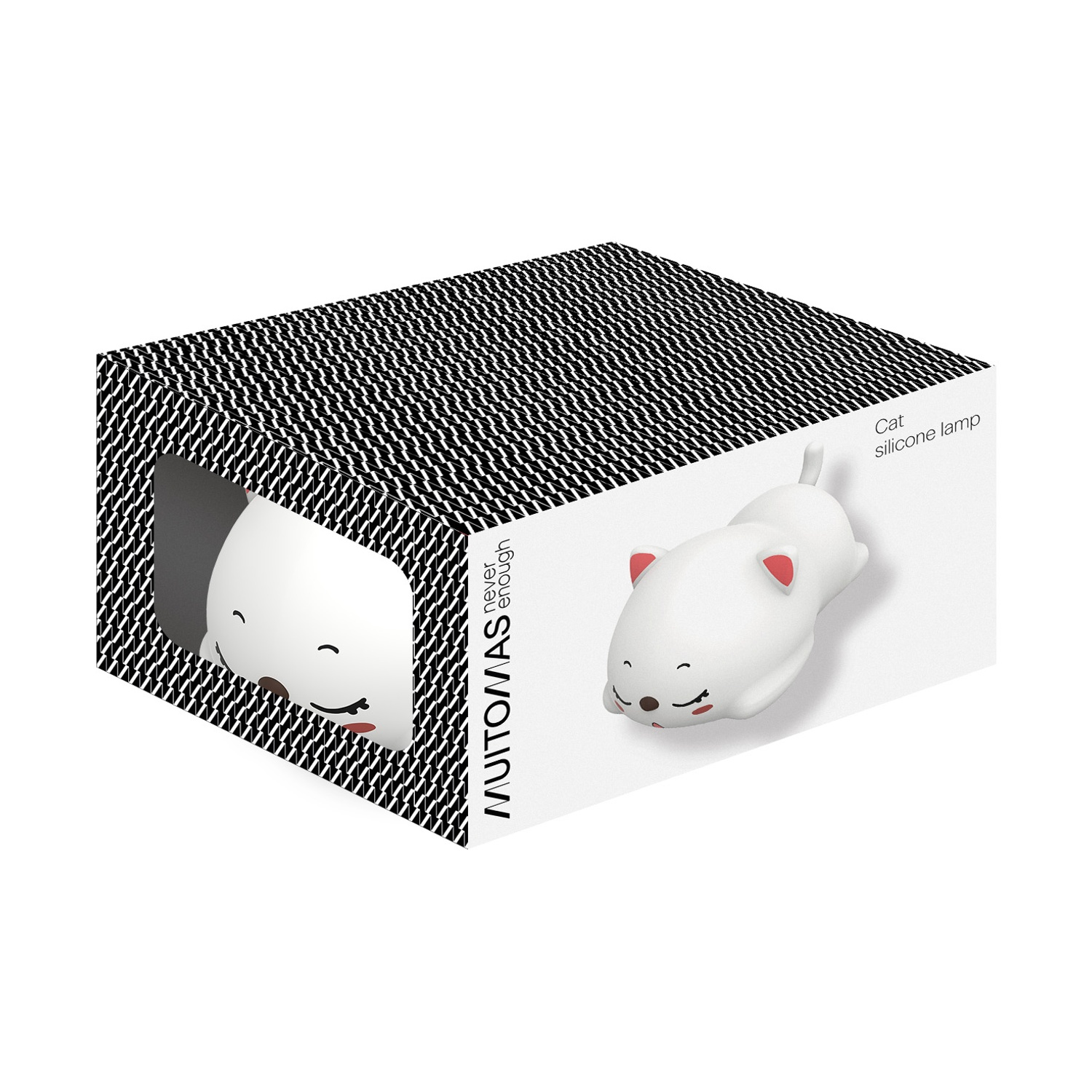 Una lampada a forma di gatto in silicone bianco con orecchie e muso rossi su scatola bianca.