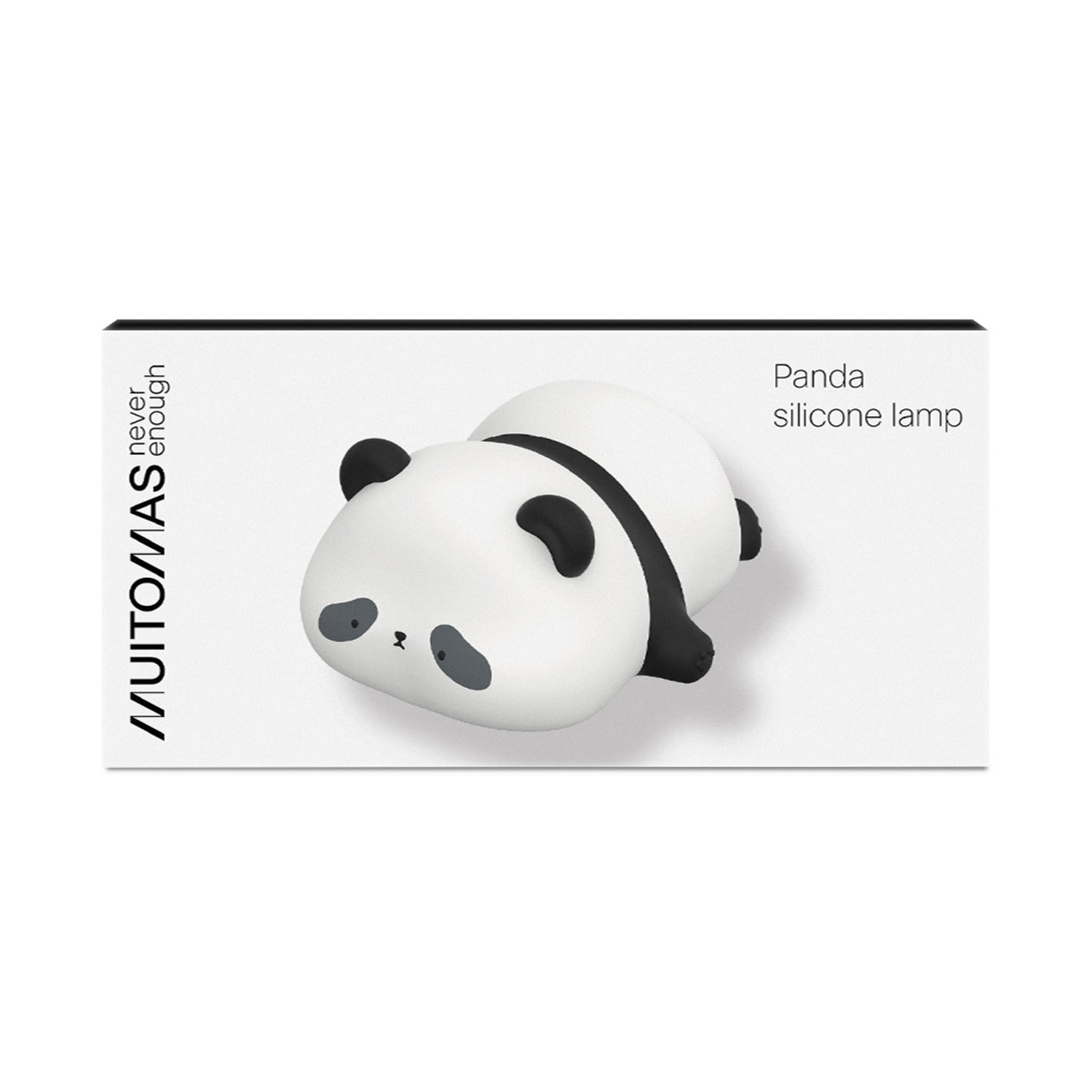 Una lampada in silicone panda bianca giace su una scatola con testo.