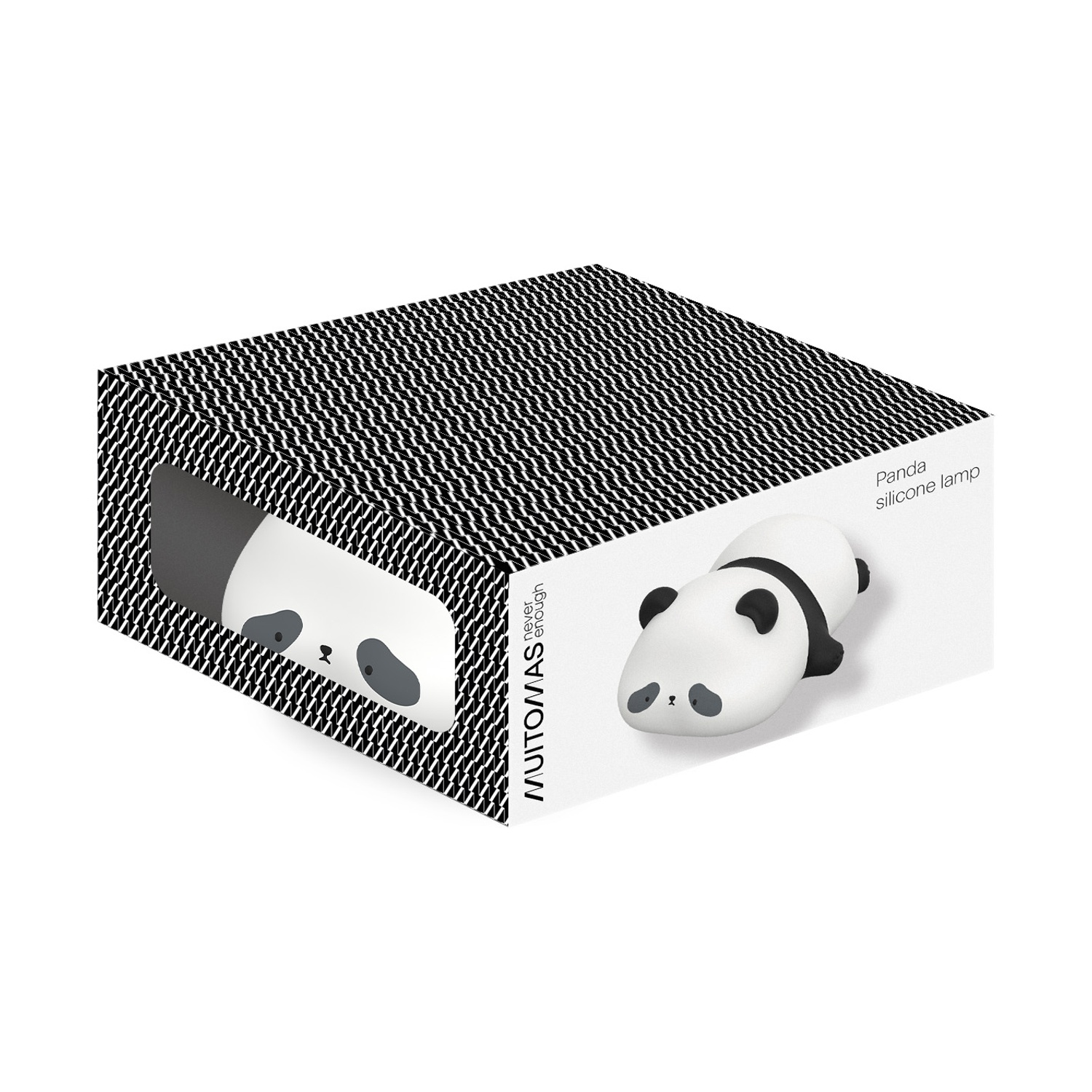 Una lampada in silicone a forma di panda bianco giace sulla sua confezione a onde nere.