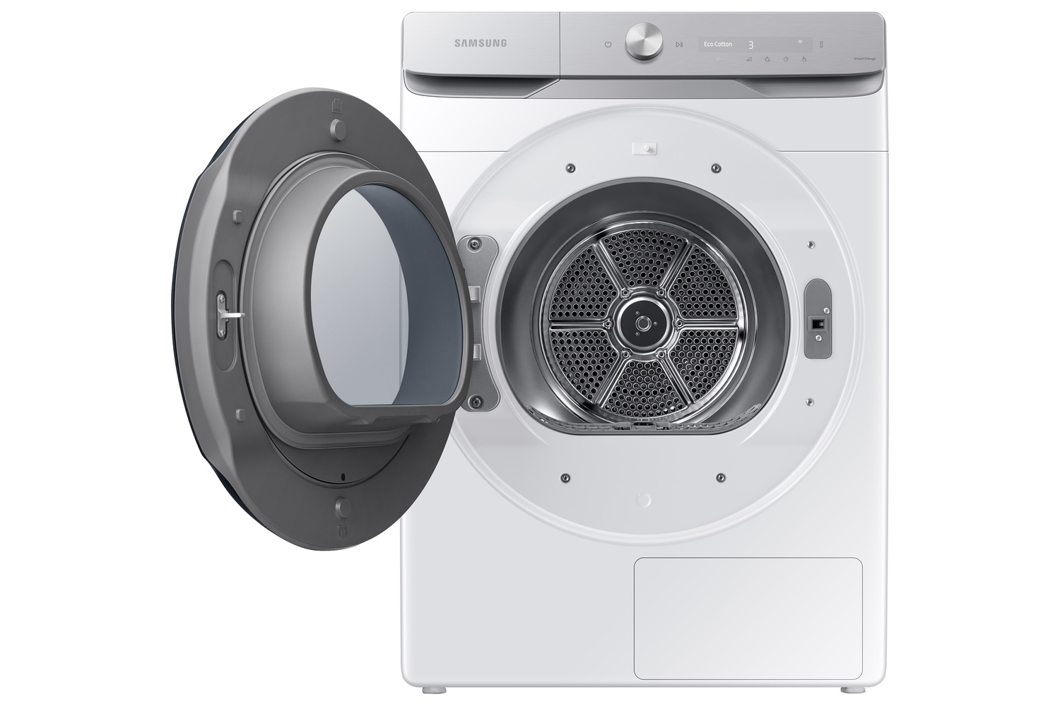 Una lavadora Samsung blanca con la puerta abierta, mostrando el tambor.