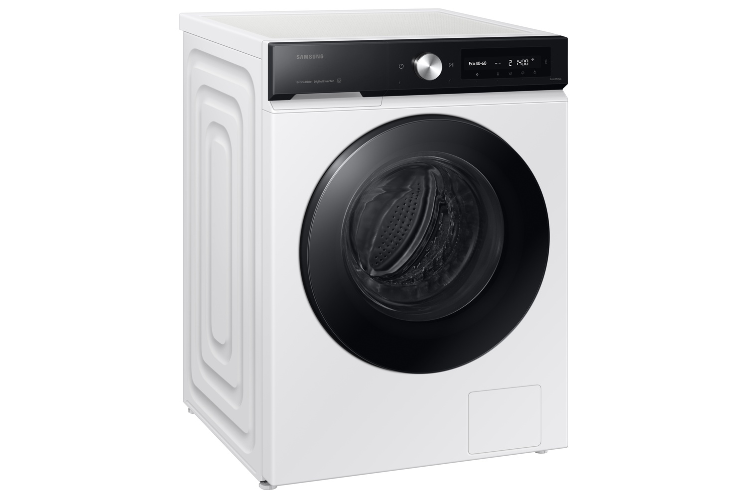Lavadora Samsung blanca con puerta negra y panel de control digital.