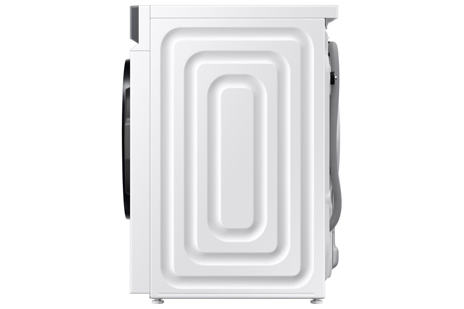 Lavadora blanca de lado, con manguera y panel de control visibles arriba.