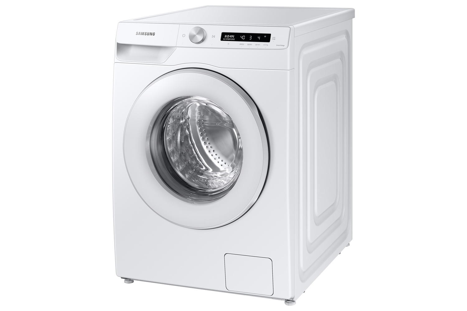Una lavadora Samsung blanca con puerta redonda y pantalla digital.