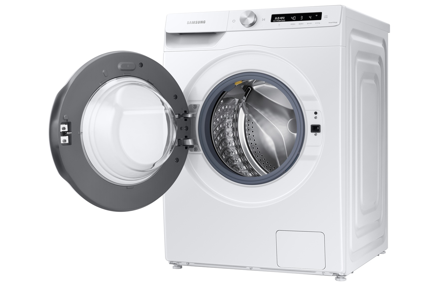 Una lavadora Samsung blanca con la puerta abierta, mostrando el tambor plateado.