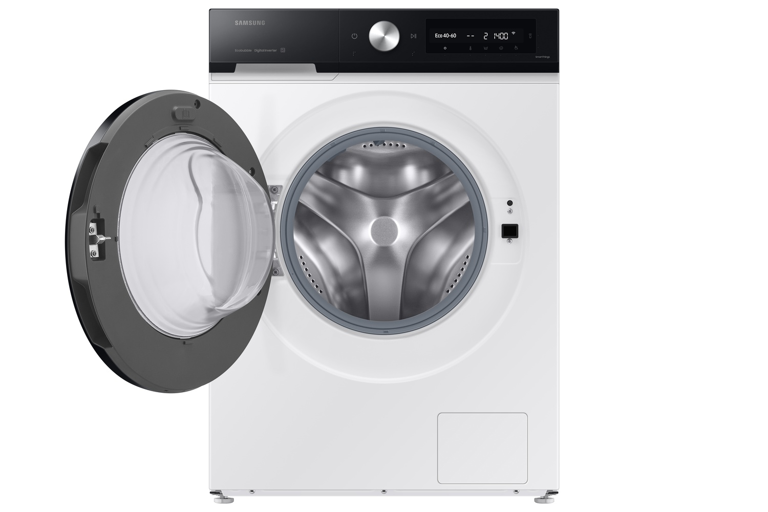 Una lavadora Samsung blanca con la puerta gris abierta, mostrando el tambor plateado.