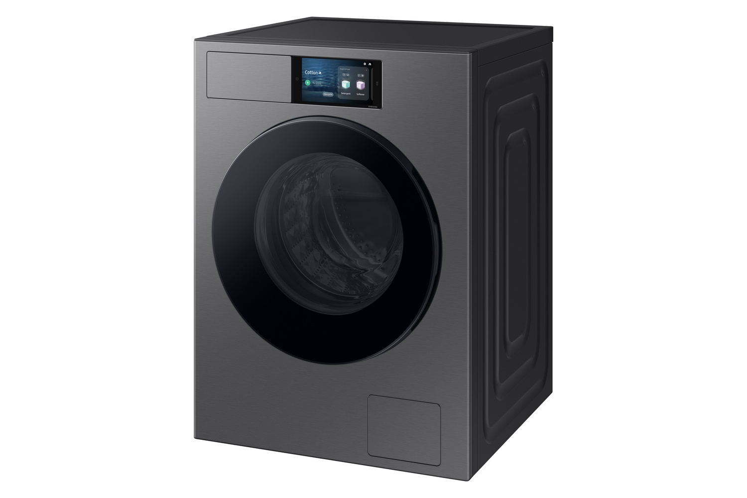 Lavadora gris oscuro con pantalla táctil y puerta redonda.