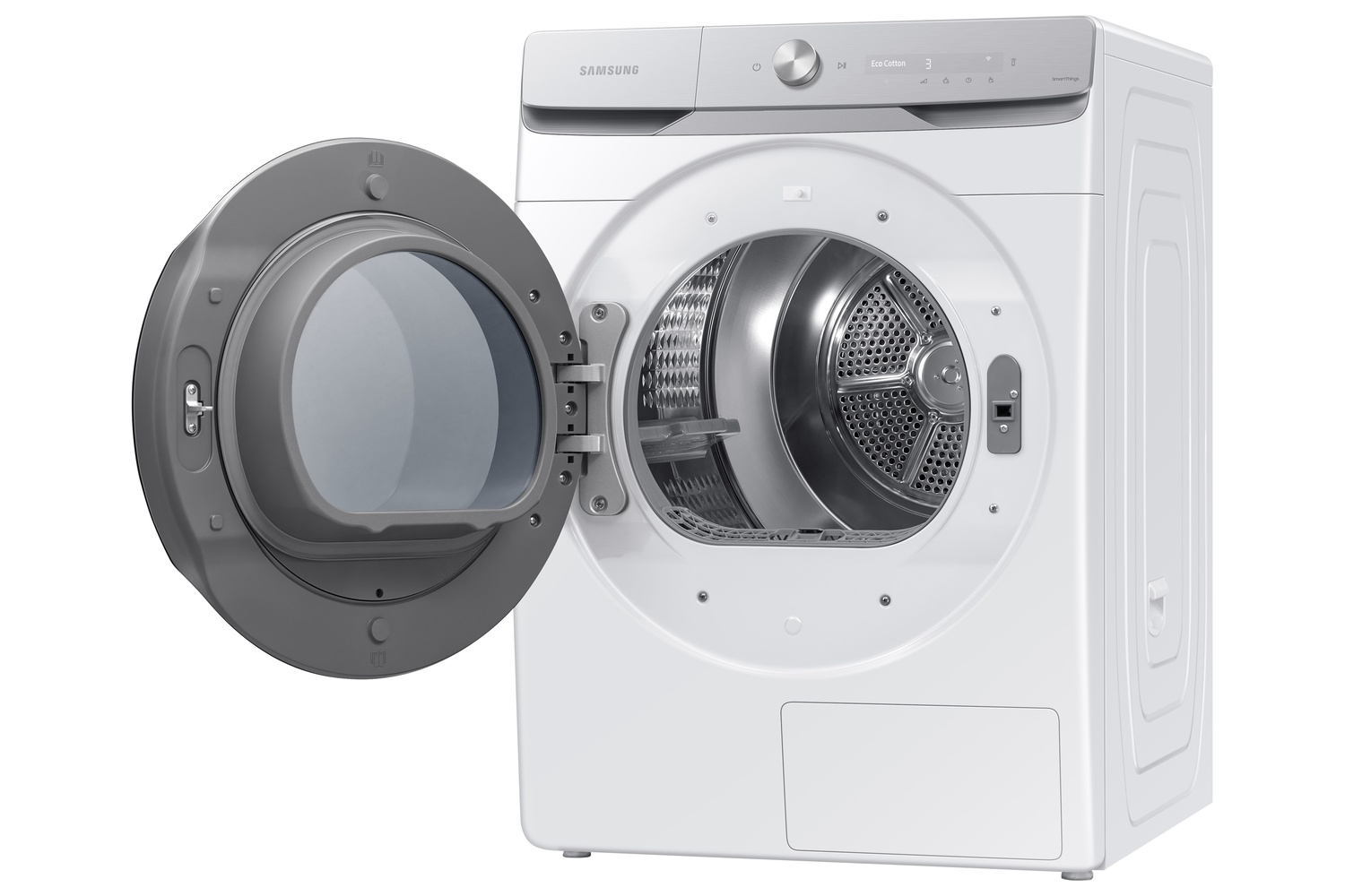 Lavadora Samsung blanca con puerta gris abierta, tambor visible.