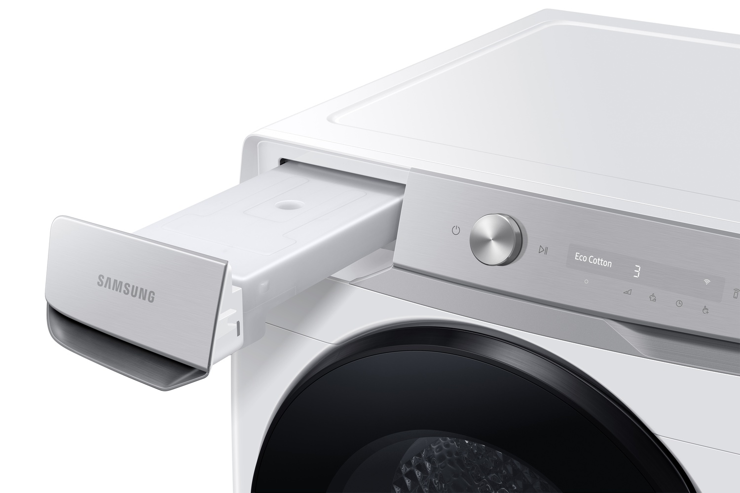 Lavadora Samsung blanca con cajón de detergente extraído.