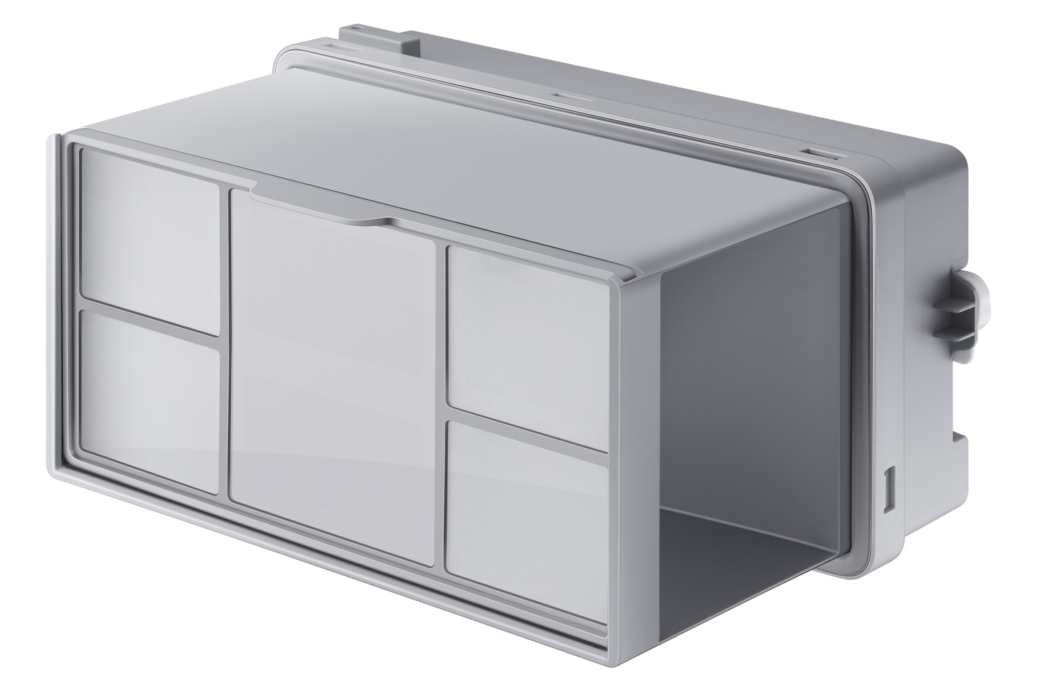Contenedor rectangular gris con cuatro compartimentos transparentes y uno abierto.