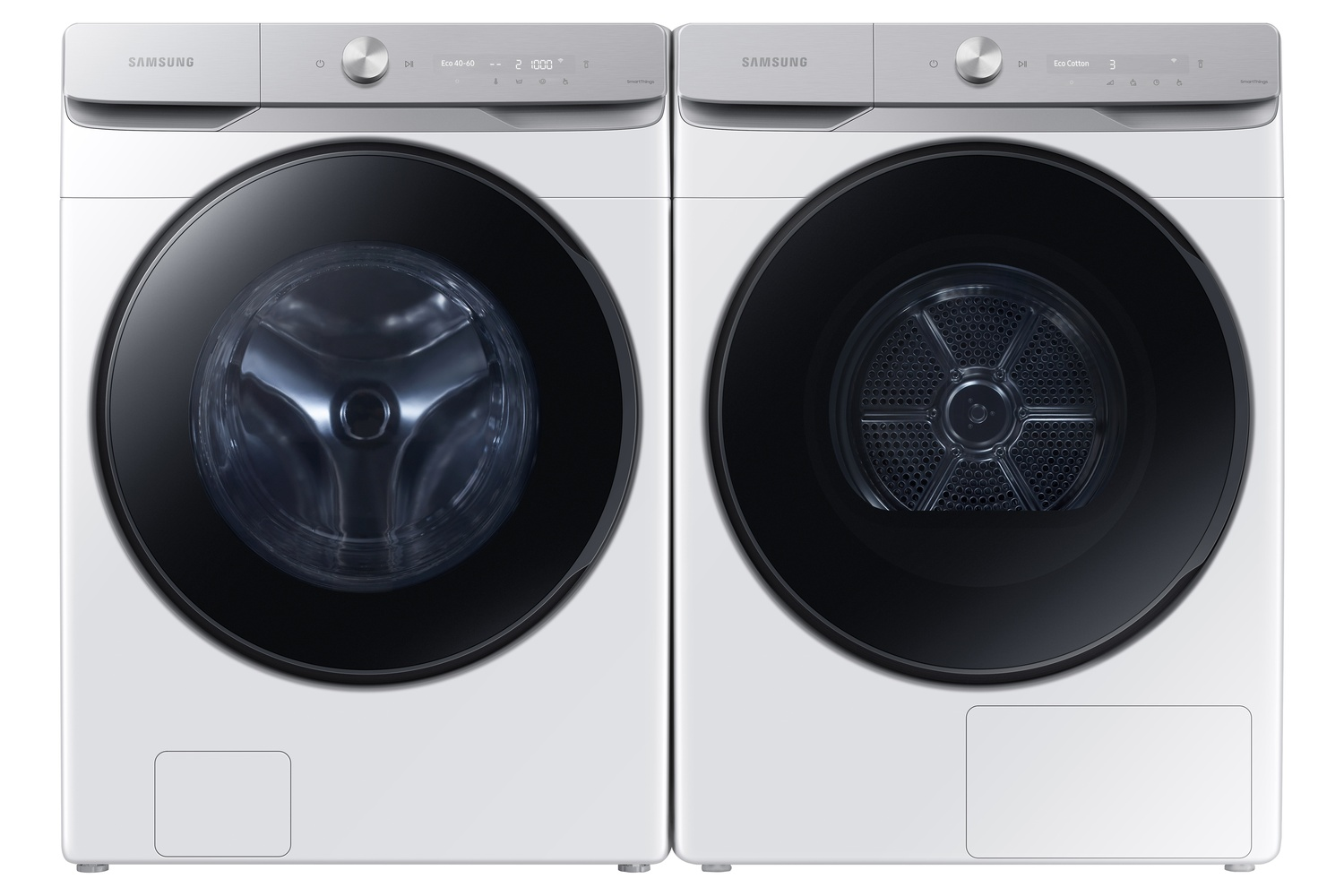 Dos lavadoras Samsung blancas una al lado de la otra. Lavadora a la izquierda, secadora a la derecha.