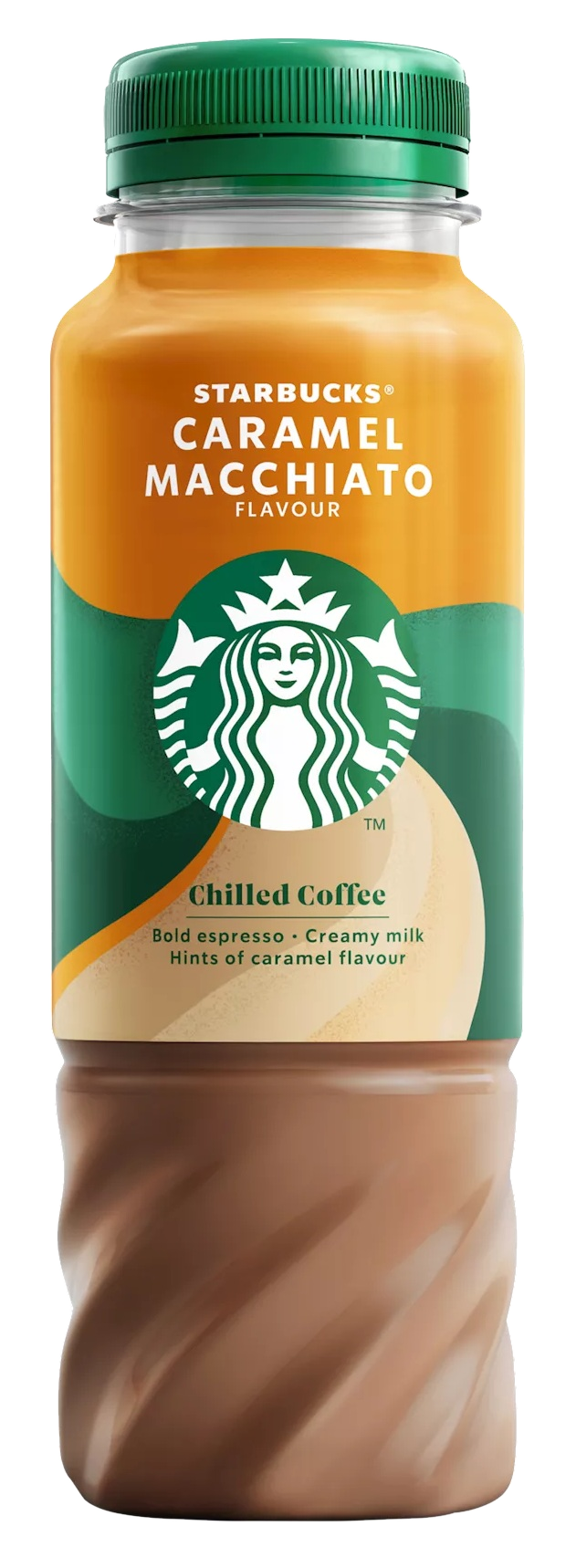 Starbucks Caramel Macchiato schłodzona kawa w butelce z zieloną nakrętką.