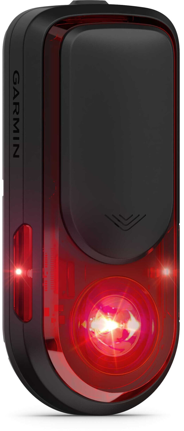 Czarne tylne światło rowerowe Garmin z czerwonym światłem i bocznym migającym.