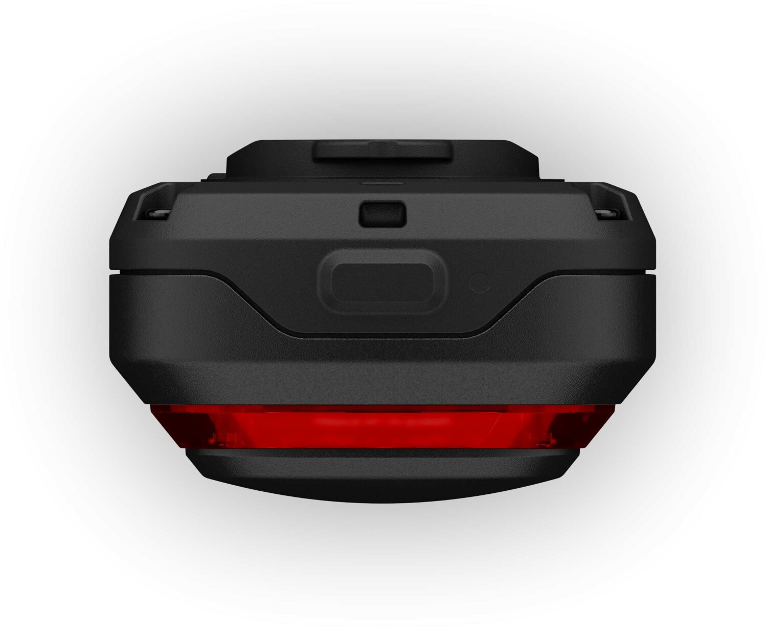 Czarne urządzenie z czerwonym paskiem świetlnym u góry, zbliżenie.