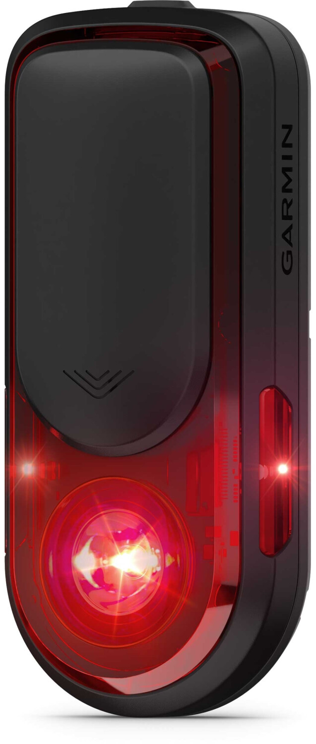 Czarna lampa tylna rowerowa Garmin z czerwonym światłem i srebrnym logo.