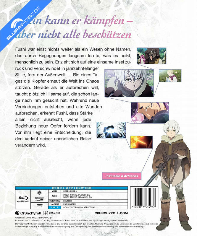Anime Blu-ray-Cover mit Text, Szenenbildern und einer Figur.