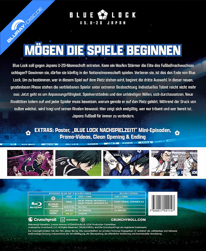Rückseite eines Blu-ray-Covers für Blue Lock, mit Text und Bildern von Charakteren.