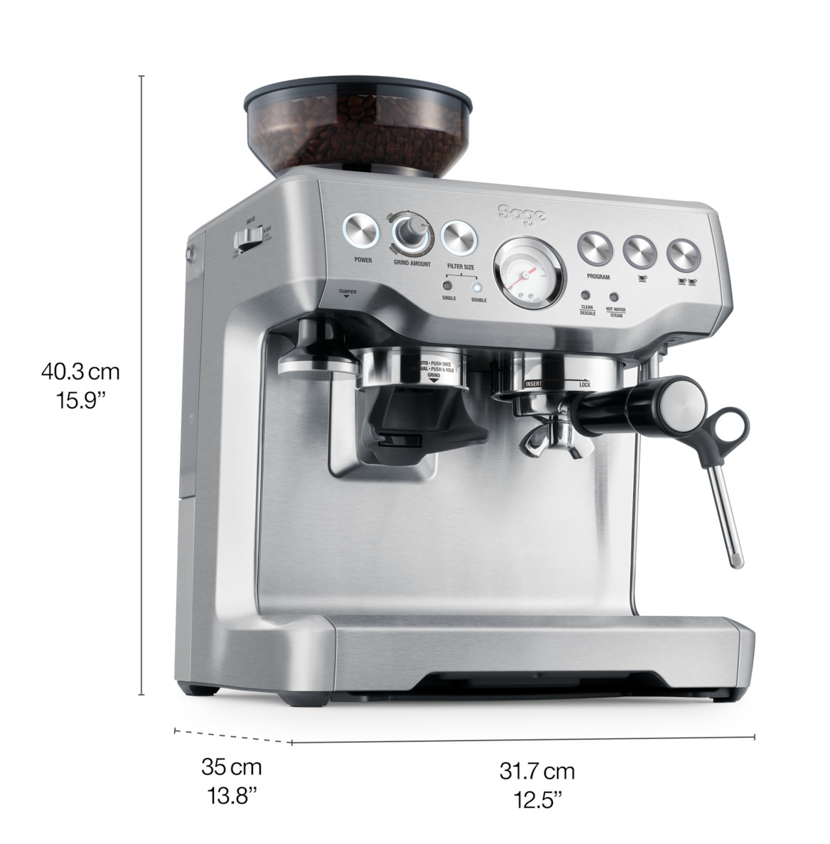 Srebrna maszyna do espresso z wbudowanym młynkiem i podgrzewaczem filiżanek.