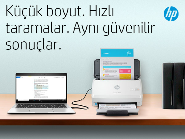 HP tarayıcı ve dizüstü bilgisayar masada. Türkçe: Küçük boyut. Hızlı taramalar. Güvenilir sonuçlar.