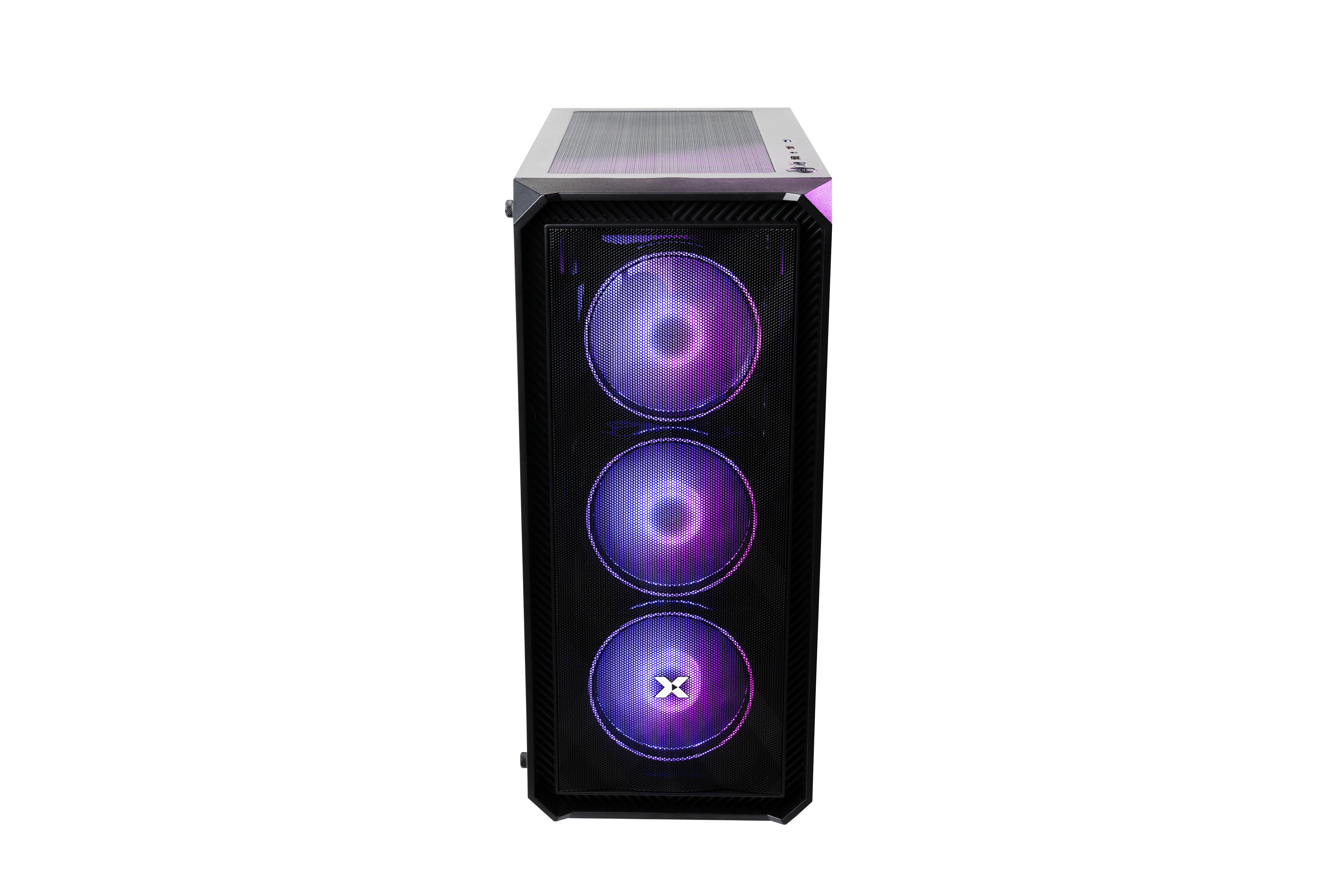 Schwarzes PC-Gehäuse mit drei beleuchteten Lüftern in Lila und Blau.