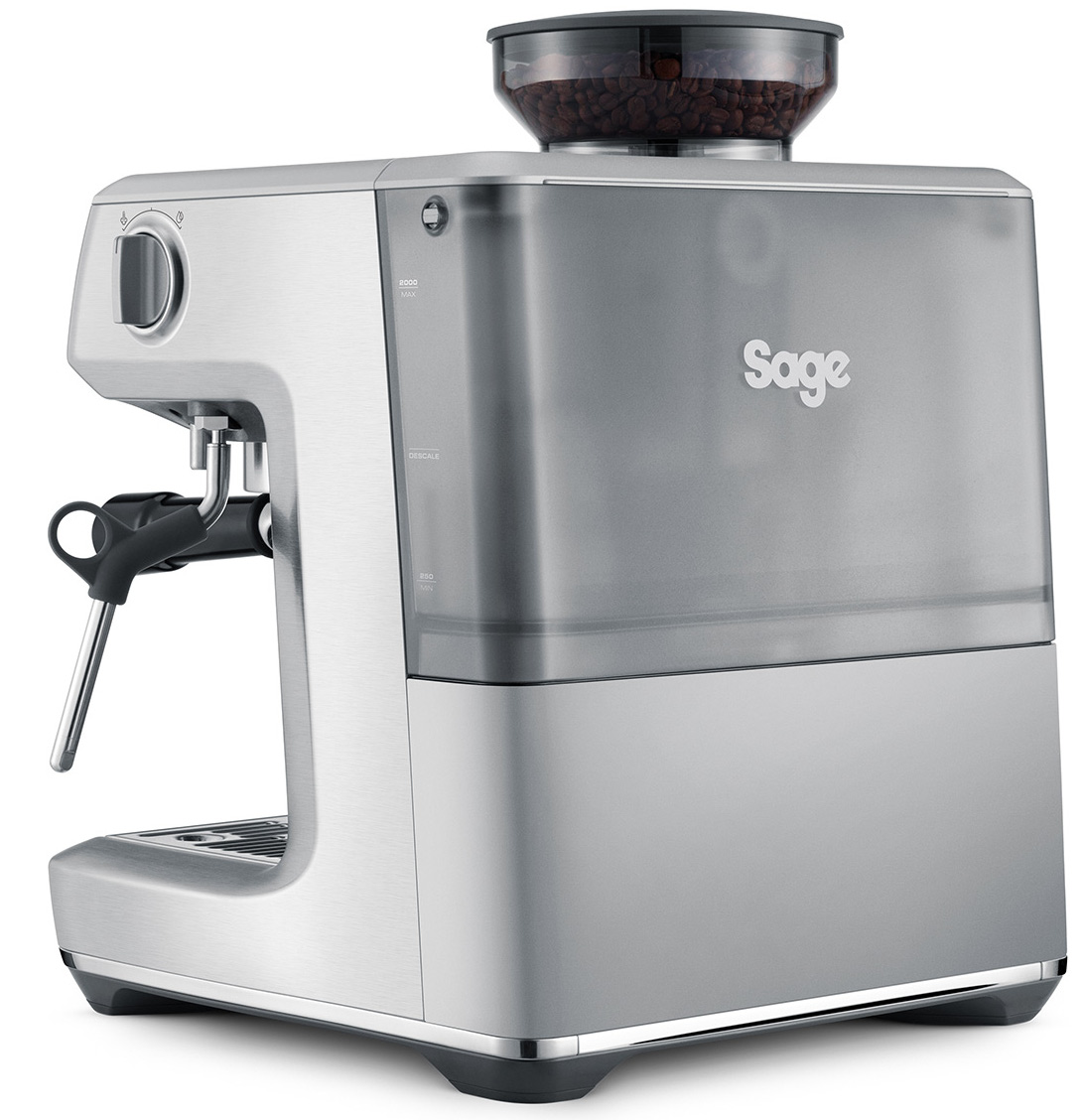 Srebrna ekspres do kawy Sage z zasobnikiem na ziarna i zbiornikiem na wodę.