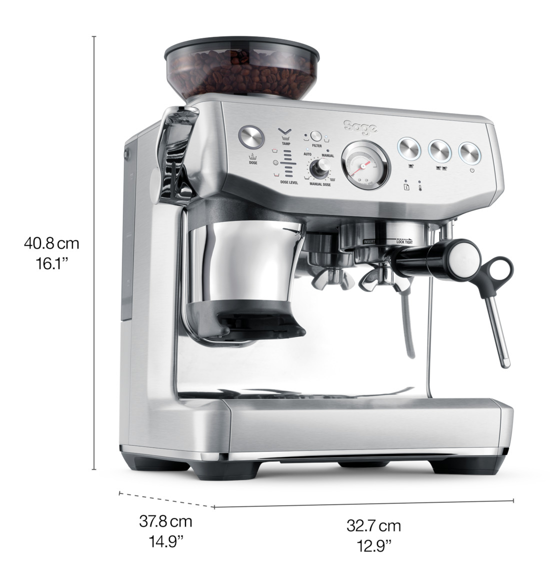 Srebrna maszyna do espresso z ziarnami kawy w górnym zasobniku.