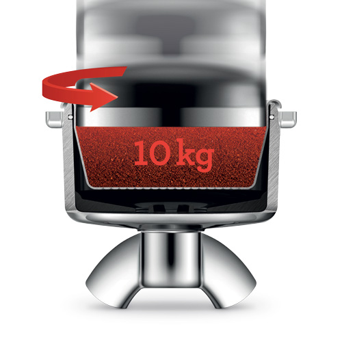 Młynek do kawy z czerwoną strzałką wskazującą obrót. 10 kg kawy mielonej w pojemniku.