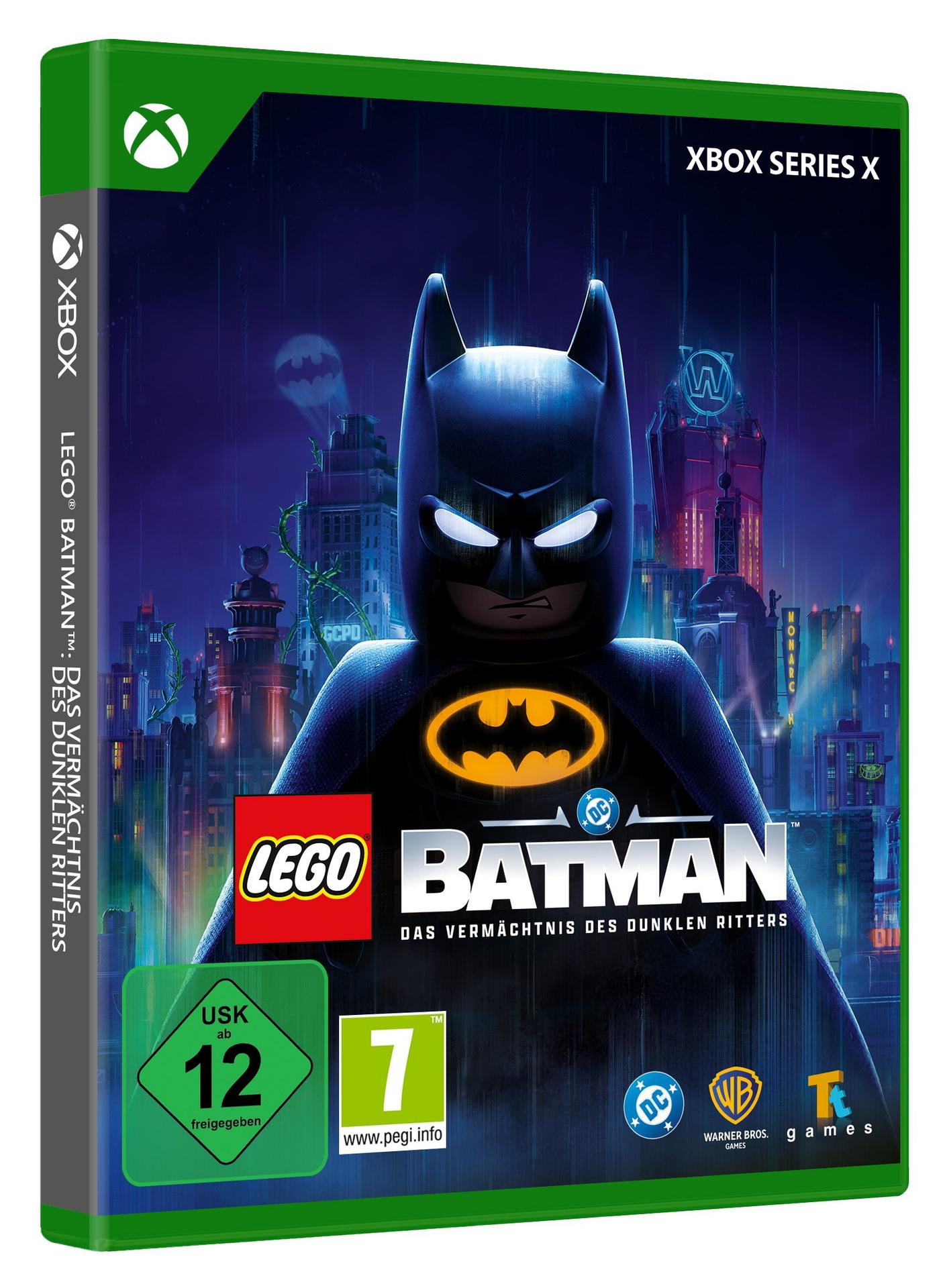 Lego Batman Spielcover für Xbox Series X mit Batman vor Gotham City Kulisse.