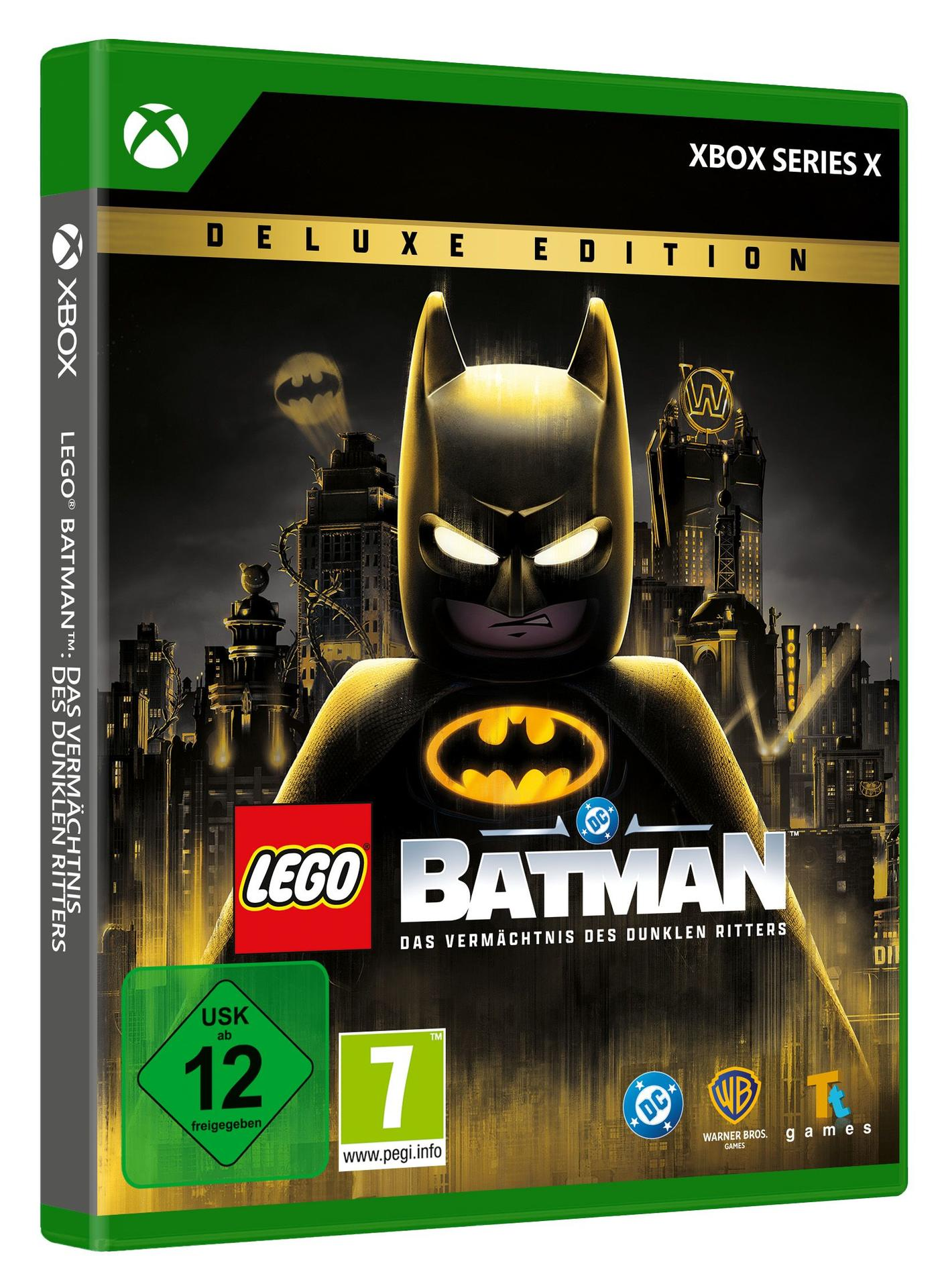 Lego Batman Deluxe Edition für Xbox Series X mit Batman im Vordergrund und Gotham City im Hintergrund.