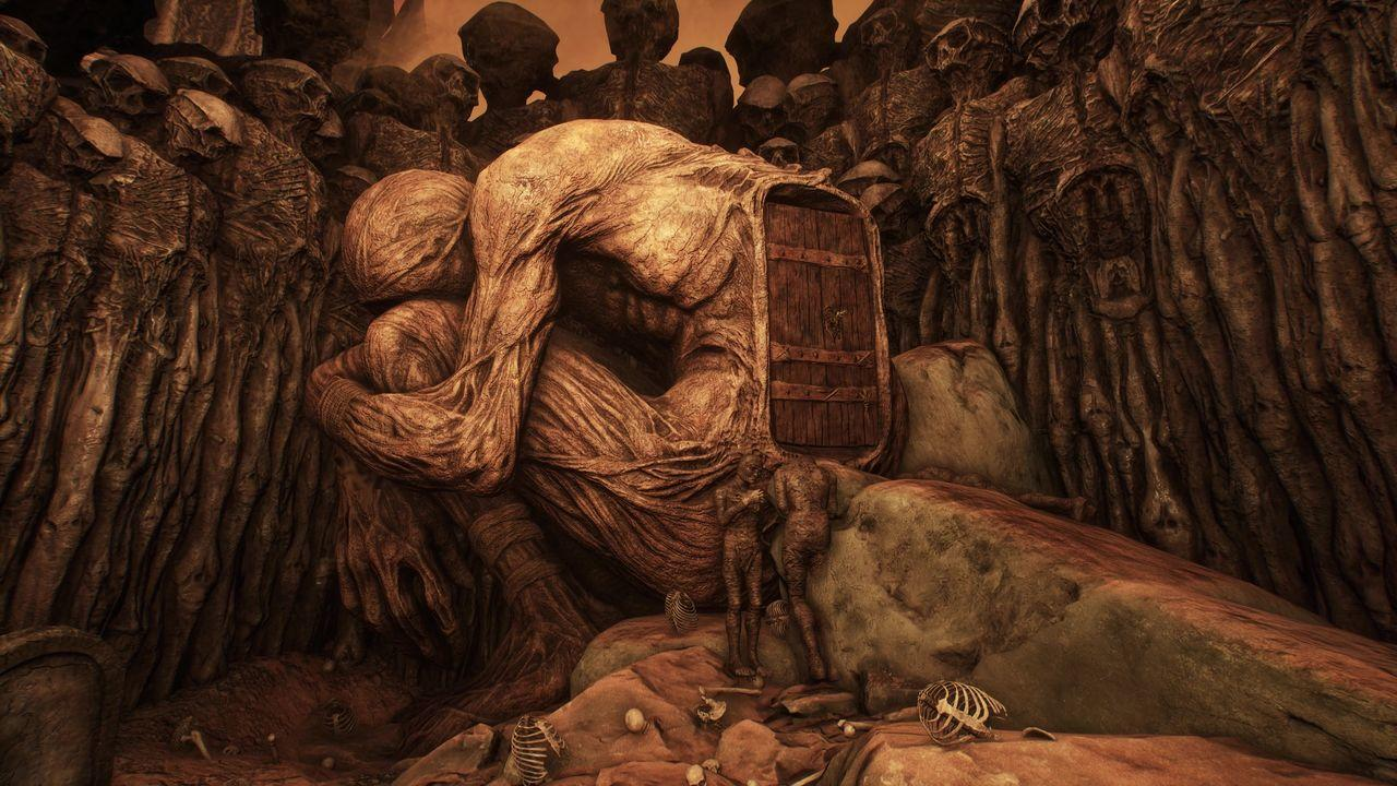 Eine Szene mit skelettartigen Figuren, die eine riesige, knochenähnliche Struktur mit Holztür umringen.