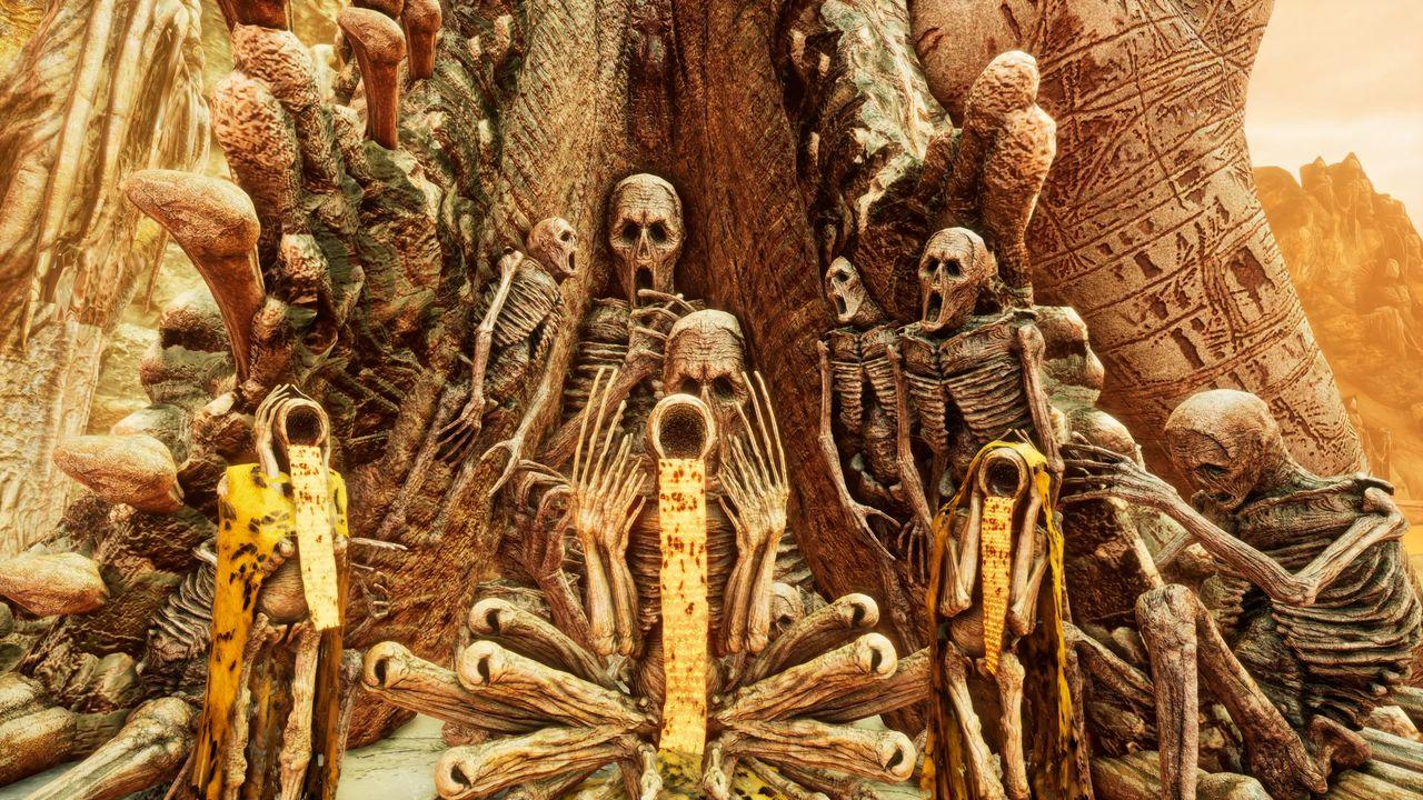 Skelette in gelben Roben sitzen um einen Baum mit einem zentralen leuchtenden Objekt.