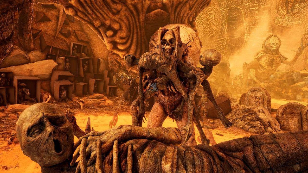 Eine albtraumhafte Szene mit Skeletten und monströsen Kreaturen in einer Höhle.
