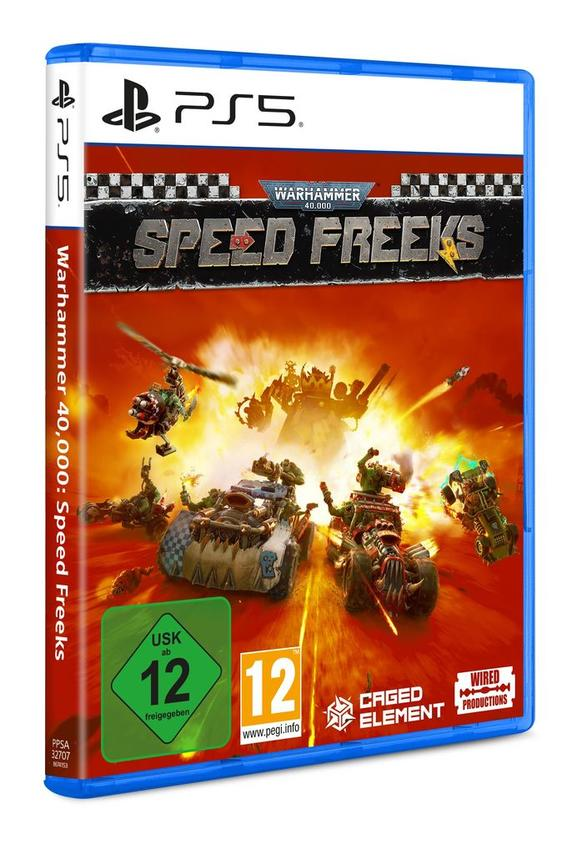 Playstation 5 Spiel Warhammer 40,000: Speed Freeks mit Orks in Fahrzeugen.