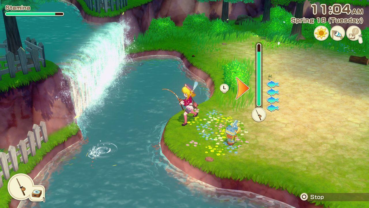 Ein Mädchen angelt an einem Fluss mit einem Wasserfall im Hintergrund.